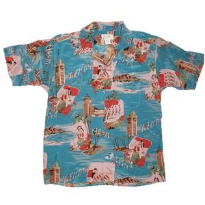 Avanti Aloha‎ Greeting Hawaiian Shirt Mens Large Blue Teal 100% Silk Authentic